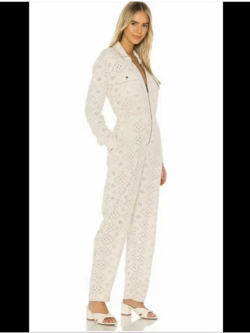 Free People Set the Tone Ecru Cream Eyelet Utility Jumpsuit